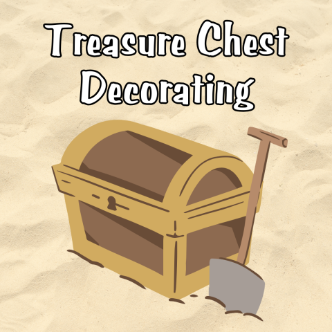 image of treasure chest and a shovel stuck in sand. Text at the top of image says treasure chest decorating.