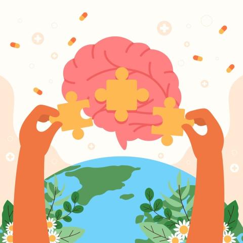 Illustration of brain with puzzle pieces over the world